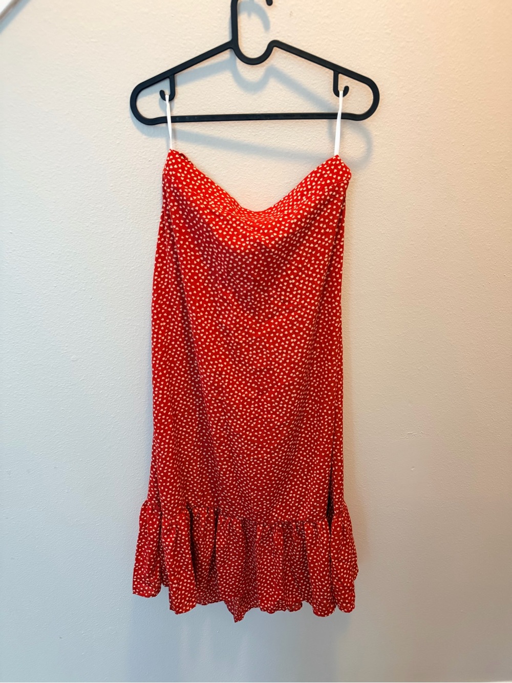 SHEIN Brick Red White Tiny Heart Print Ruffle-Hem Midi Skirt